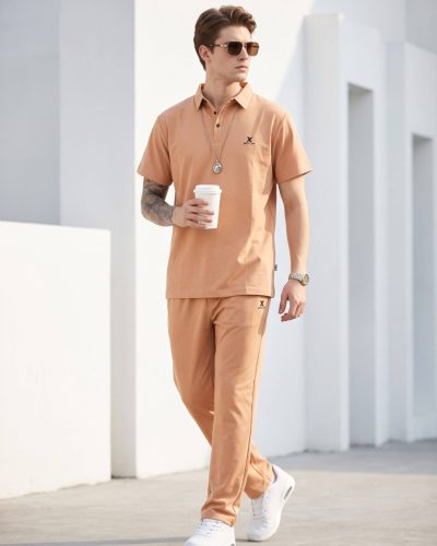 WEET Cotton Polo Tshirt and Pyjama Set for Men,       Night Wear for Men,       Men's Pyjama Set  (Peach)