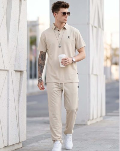 WEET Cotton Polo Tshirt and Pyjama Set for Men,       Night Wear for Men,       Men's Pyjama Set (Beige)