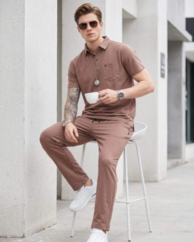 WEET Cotton Polo T-Shirt with Pocket and Pyjama Set for Men, Night Wear for Men, Men's Pyjama Set Brown