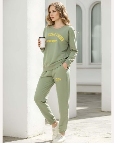 Weet Women's Cotton Olive Green Sweatshirt and Joggers Tracksuit