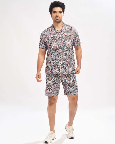 WEET Men's Printed Co-ord Set | Cotton Casual Matching Short Sleeve Collar Shirt and Shorts Night Suit for Men 175