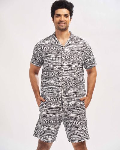 WEET Men's Printed Co-ord Set | Cotton Casual Matching Short Sleeve Collar Shirt and Shorts Night Suit for Men 176