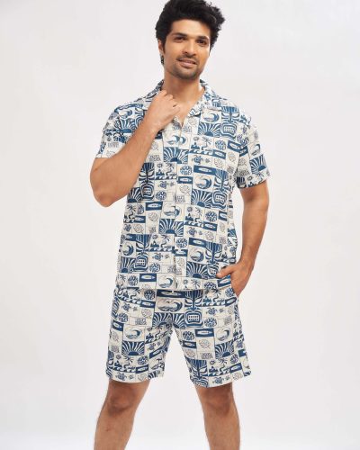 WEET Men's Printed Co-ord Set | Matching Short Sleeve Collar Shirt and Shorts Night Suit for Men 177C blue
