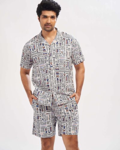 WEET Men's Printed Co-ord Set | Cotton Casual Matching Short Sleeve Collar Shirt and Shorts Night Suit for Men 173