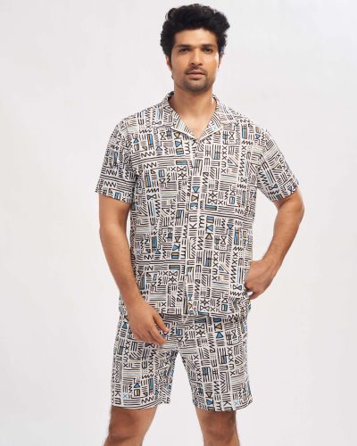 WEET Men's Printed Co-ord Set | Cotton Casual Matching Short Sleeve Collar Shirt and Shorts Night Suit for Men 173B