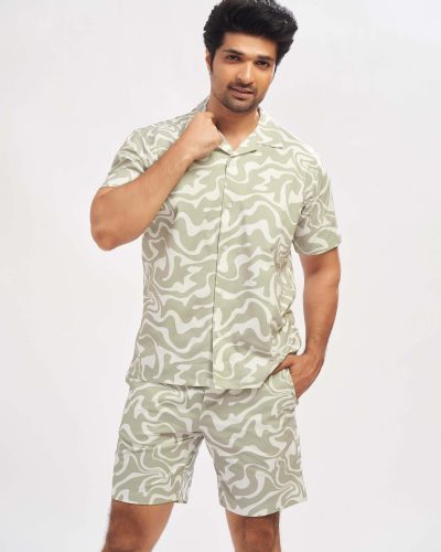 WEET Men's Printed Co-ord Set | Cotton Casual Matching Short Sleeve Collar Shirt and Shorts Night Suit for Men 172b