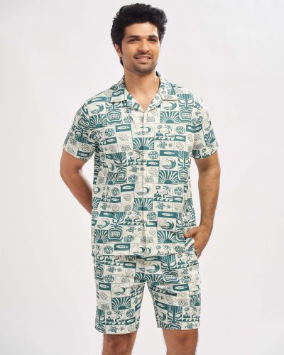 WEET Men's Printed Co-ord Set | Cotton Casual Matching Short Sleeve Collar Shirt and Shorts Night Suit for Men 177B