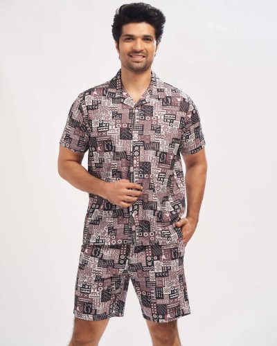 WEET Men's Printed Co-ord Set | Cotton Casual Matching Short Sleeve Collar Shirt and Shorts Night Suit for Men 171B