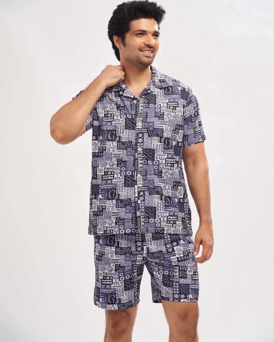 WEET Men's Printed Co-ord Set | Cotton Casual Matching Short Sleeve Collar Shirt and Shorts Night Suit for Men 171