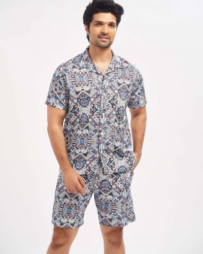 WEET Men's Printed Co-ord Set | Cotton Casual Matching Short Sleeve Collar Shirt and Shorts Night Suit for Men 175B