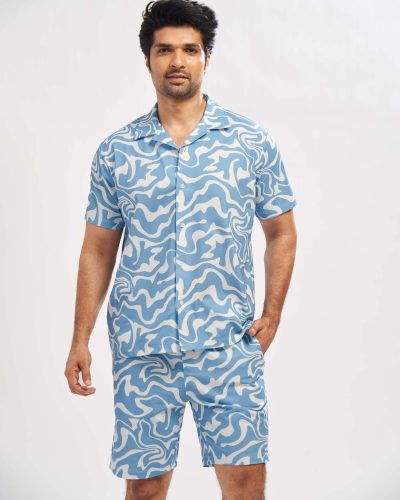 WEET Men's Printed Co-ord Set | Cotton Casual Matching Short Sleeve Collar Shirt and Shorts Night Suit for Men 172