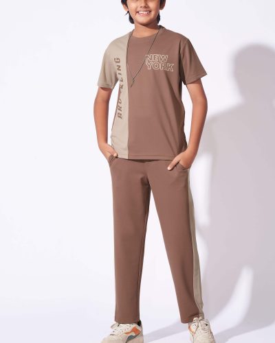WEET Boys Cotton T-Shirt and Joggers Set | Printed Nightwear Coord Set – Brown