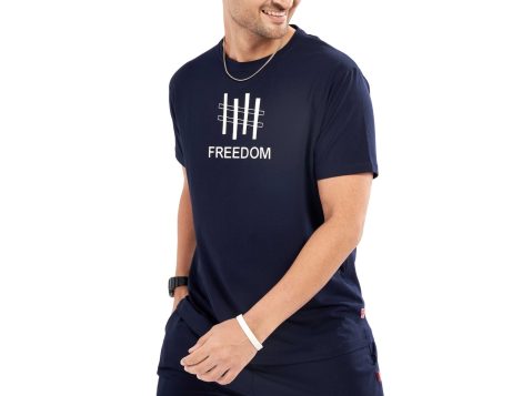 Model showcasing Men's Navy Blue Casual Short Set with Freedom print in a casual setting